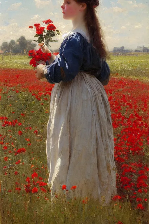 Prompt: Solomon Joseph Solomon and Richard Schmid and Jeremy Lipking victorian genre painting portrait painting of a plain young village girl in an open field of flowers, red background