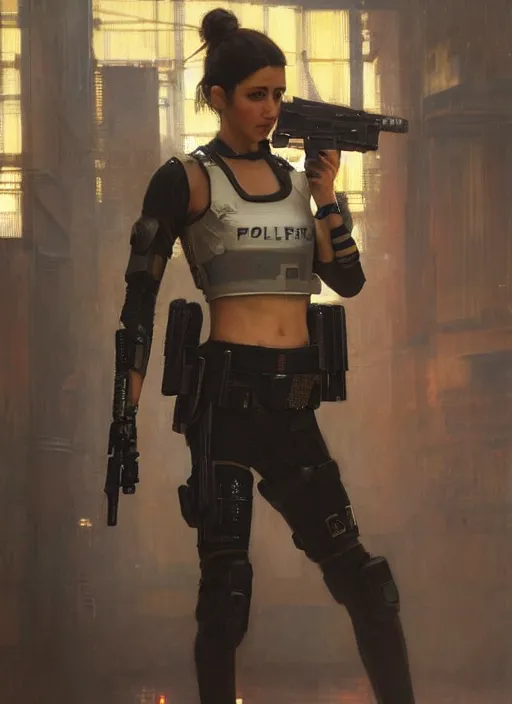 Image similar to 💃🏻. cyberpunk police trooper in a military vest ( blade runner 2 0 4 9, cyberpunk 2 0 7 7 ). orientalist portrait by john william waterhouse and james gurney and theodore ralli and nasreddine dinet, oil on canvas. cinematic, hyper realism, realistic proportions, dramatic lighting, high detail 4 k