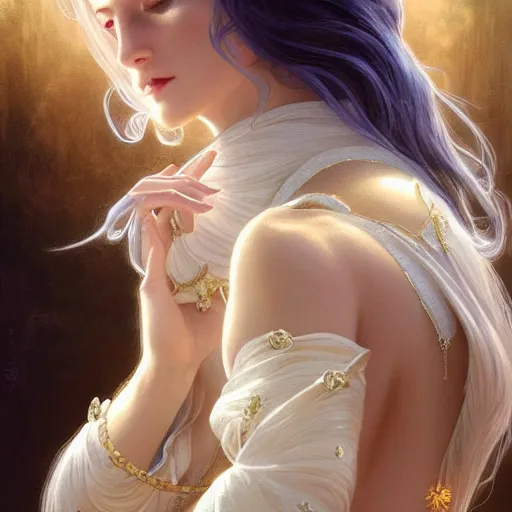 Image similar to god and goddess, white hair, long hair, gorgeous, amazing, elegant, intricate, highly detailed, digital painting, artstation, concept art, sharp focus, illustration, art by artgerm and greg rutkowski and alphonse mucha