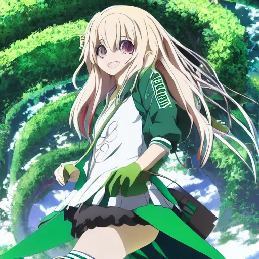 Image similar to anime key visual of a girl with a green outfit green hair and green eyes fascinated by a green paradise ; official media ; 4 k hd ; high quality ; in the rising of the shield hero ( 2 0 1 9 ),