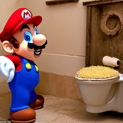 Image similar to super mario standing next to a toilet filled spaghetti