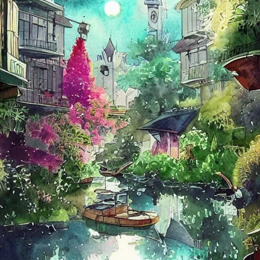 Image similar to Beautiful happy picturesque charming sci-fi town in harmony with nature. Beautiful light. Water and plants. Nice colour scheme, soft warm colour. Beautiful detailed watercolor by Vincent. (2022)