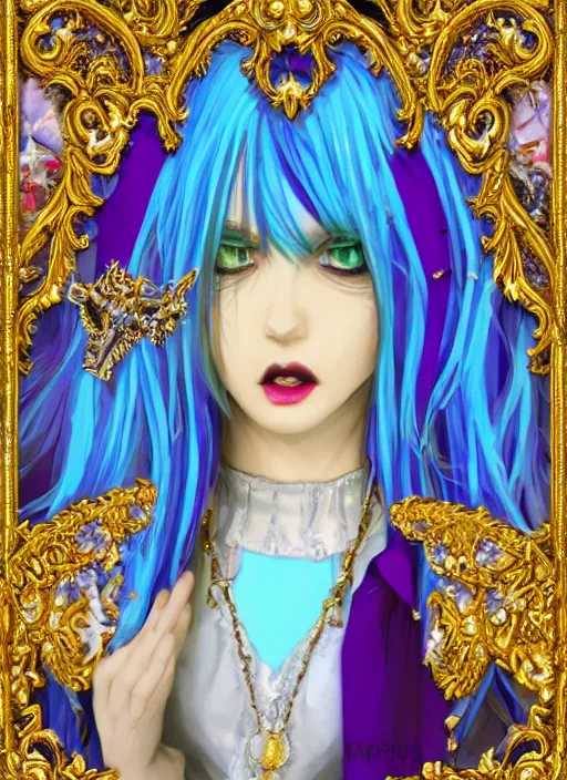 Image similar to baroque bedazzled gothic royalty frames surrounding a pixelsort rimuru tempest smiling, sky blue straight hair, bangs, with amber eyes, yellow golden eyes, wearing a black maximalist spiked jacket, high collar, ultra detailed, concept art, digital painting, pretty, cinematic, wlop artstationin wonderland, sharpened early computer graphics, remastered chromatic aberration