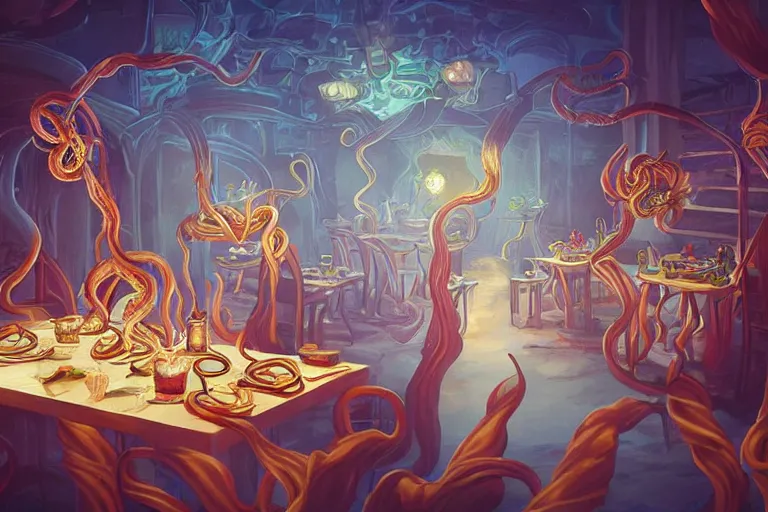 Image similar to magical restaurant serving tentacle-spaghetti to wizards, drawn by artgerm