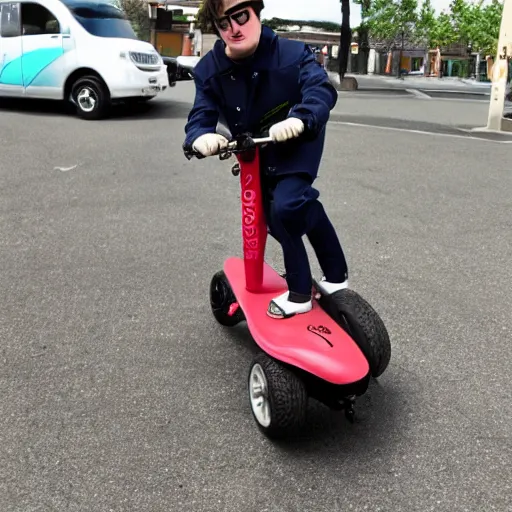Image similar to oliver tree riding a scooter