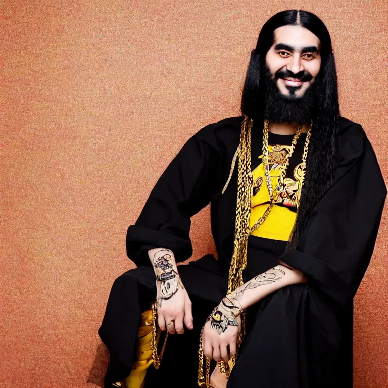Prompt: A photo of Emperor Kuzco!!!!!!!!!!!!!!!! in his early 20s, with his long black hair, facial hair shaved, smiling with confidence, and wearing!!! his emperor clothes. Portrait by Terry Richardson. Golden hour. 8K. UHD. Bokeh.