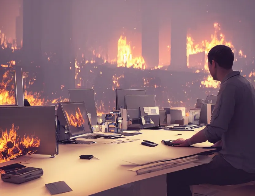 Image similar to a man sit at a workstation in a big office and looks at the burning fires, close up, featured in artstation, intricate, ultra detailed, unreal engine, concept art, wide - angle lens, sharp focus, illustration, 8 k