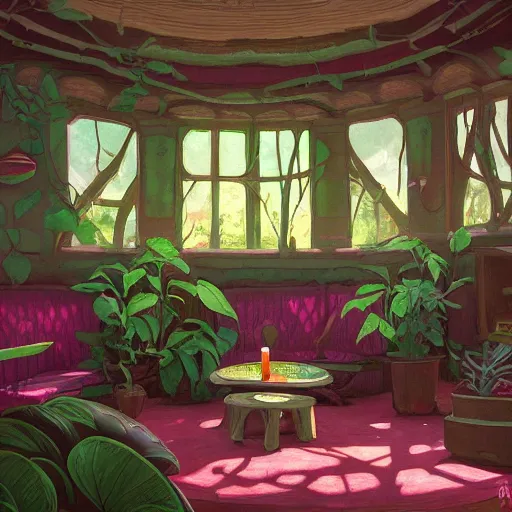 Image similar to concept art painting of a interior of a cozy alien fantasy cottage, circular windows, with black vines and magenta houseplants, realistic, detailed, cel shaded, dark, in the style of makoto shinkai and greg rutkowski and james gurney