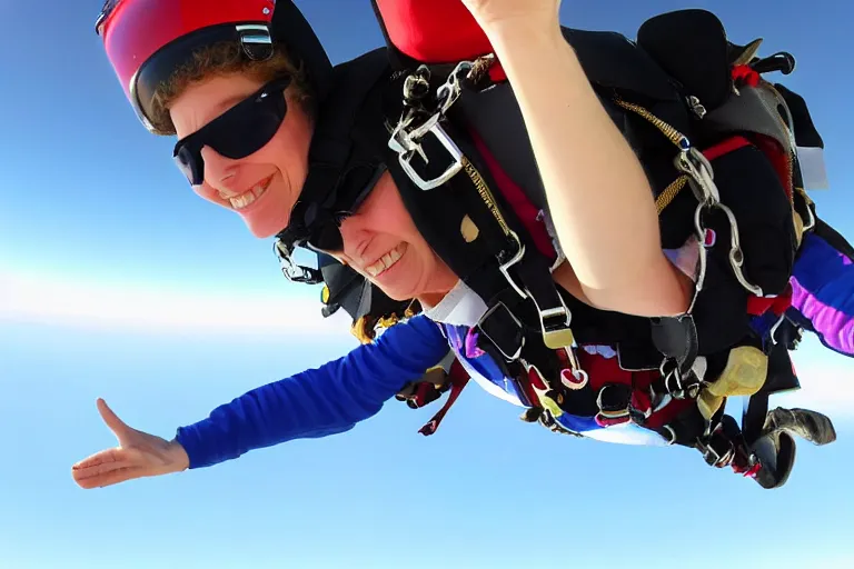 Image similar to close - up wide - angle photo of queen elizabeth skydiving