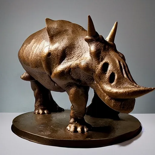 Prompt: a bronze sculpture of a triceratops eating a birthday cake