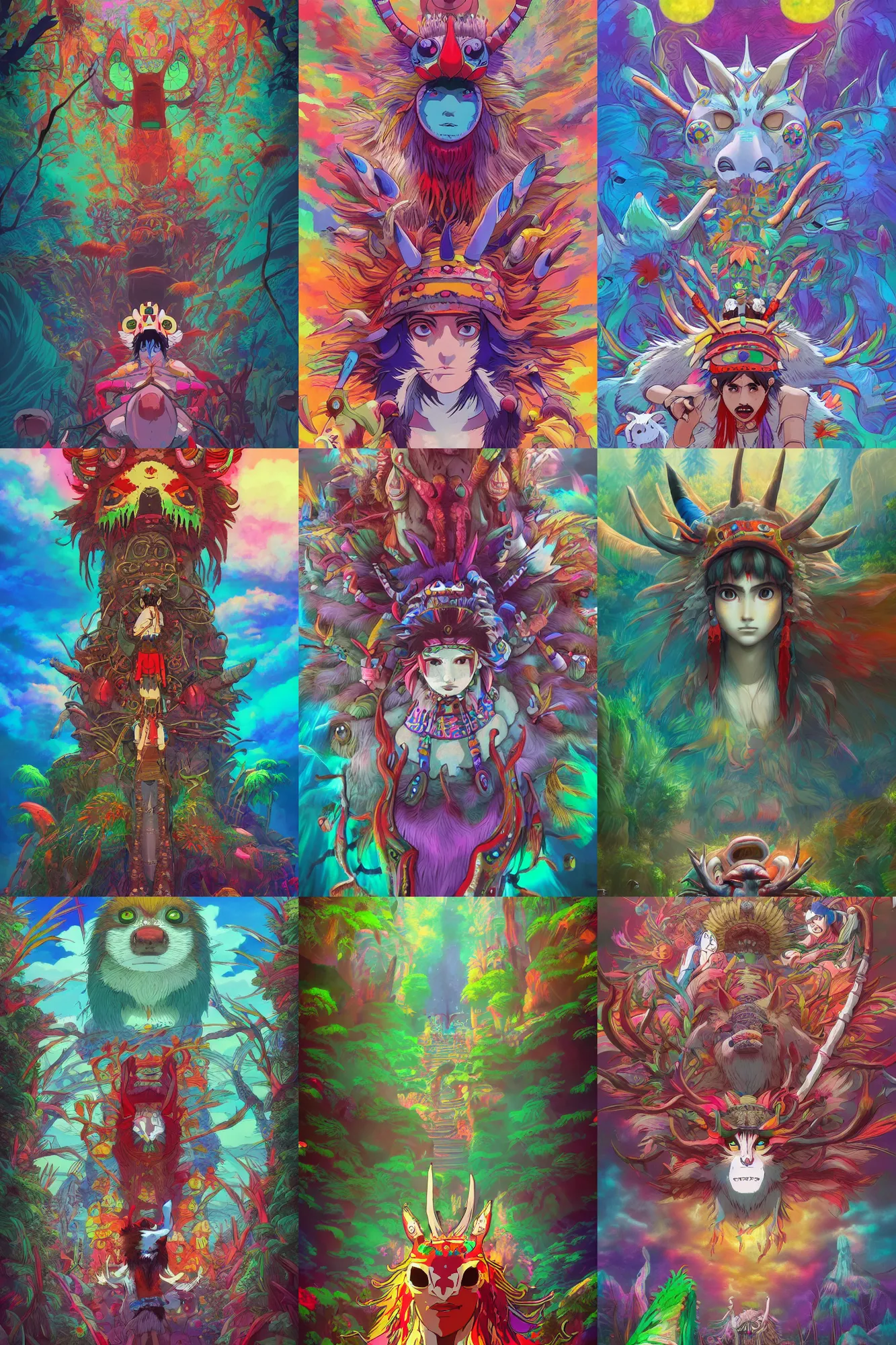 Prompt: a colorful vibrant 3 d render game graphics unreal engine of princess mononoke from studio ghibli, intricately detailed, tribal psychedelic, colorful flat surreal design, hd, 8 k, artstation