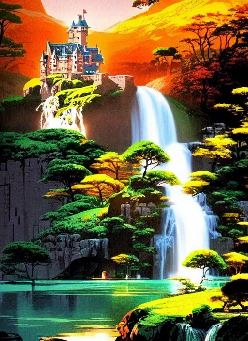 Image similar to magical castle, waterfall, river, mountain, scenery wallpaper aesthetic, beautiful, cinematic, dramatic, super detailed and intricate, hyper realistic, by koson ohara, by darwyn cooke, by hiroshi yoshida