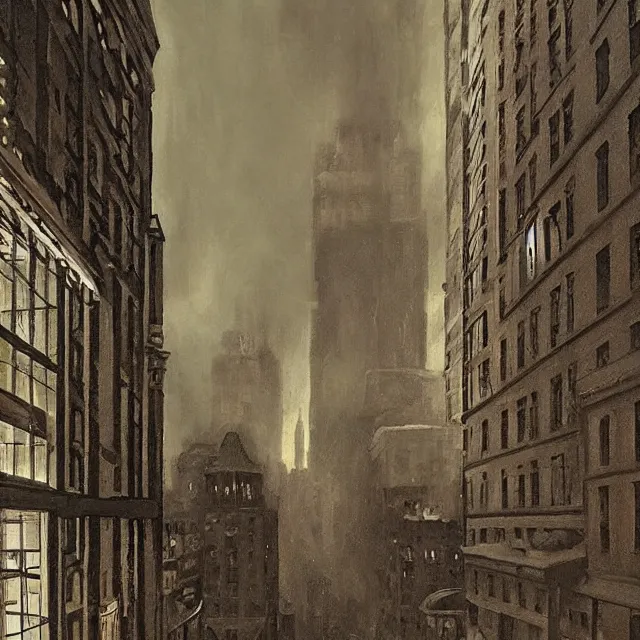 Image similar to ultra - realistic painting gothic 1 9 2 0 s 1 0 - storey hotel in downtown boston overlooking a dark street, atmospheric lighting, gloomy, foreboding