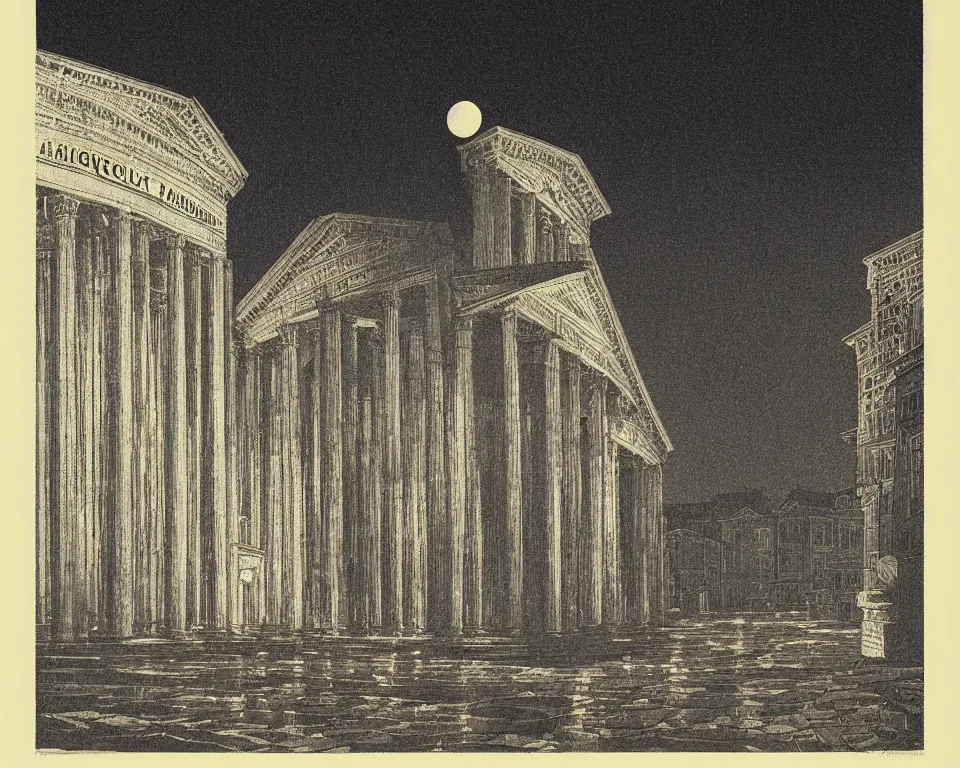 Image similar to achingly beautiful print of the Pantheon bathed in moonlight by Hasui Kawase and Lyonel Feininger.