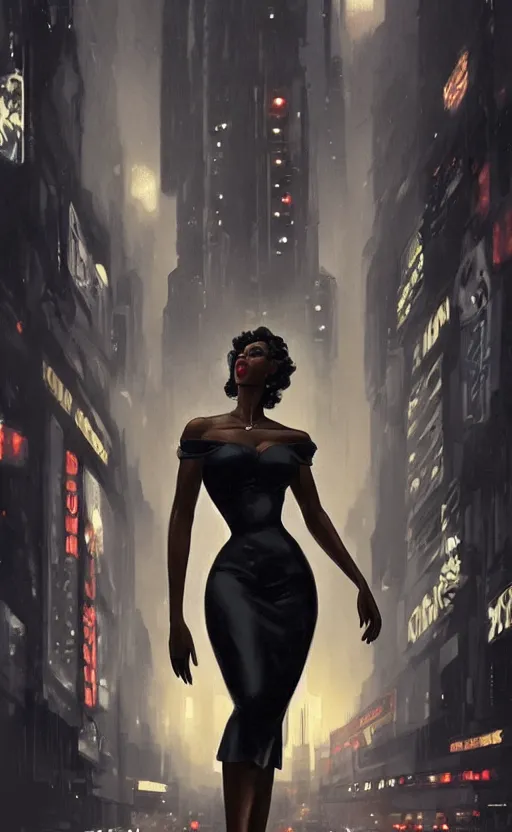 Image similar to an attractive young Black woman, clothed like a 1940s femme fatale, intricate, elegant, highly detailed, digital painting, film noir lighting, Blade Runner city background, trending on artstation, concept art, smooth, sharp focus, illustration, art by artgerm and greg rutkowski and alphonse mucha