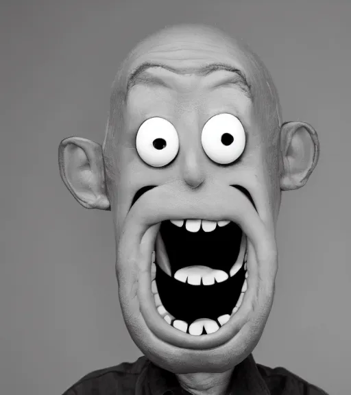 Prompt: professional photograph of a portrait of Mr Meeseek from Rick and Morty, black and white, studio lighting