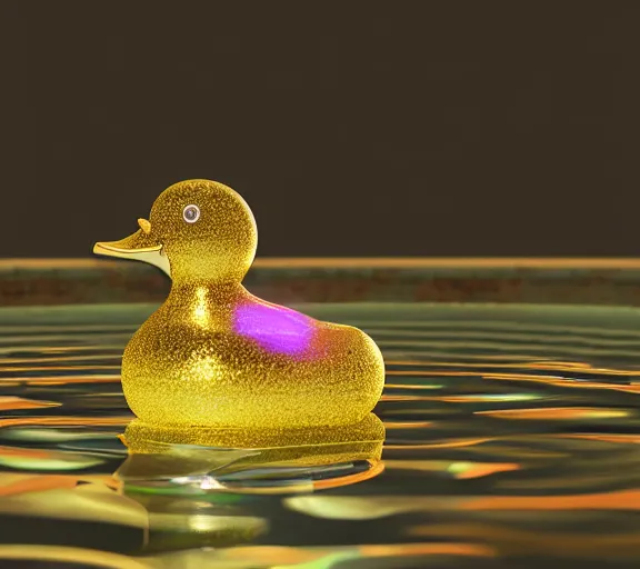 Image similar to shiny gemstone in the shape of a rubber duck floating in a pool of perfume, photorealism, mystical, enigmatic, digital oil painting, trending on artstation