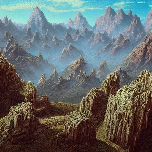 Image similar to filigree landscape, rocks, steampunk mountains, trinkets, beksinski