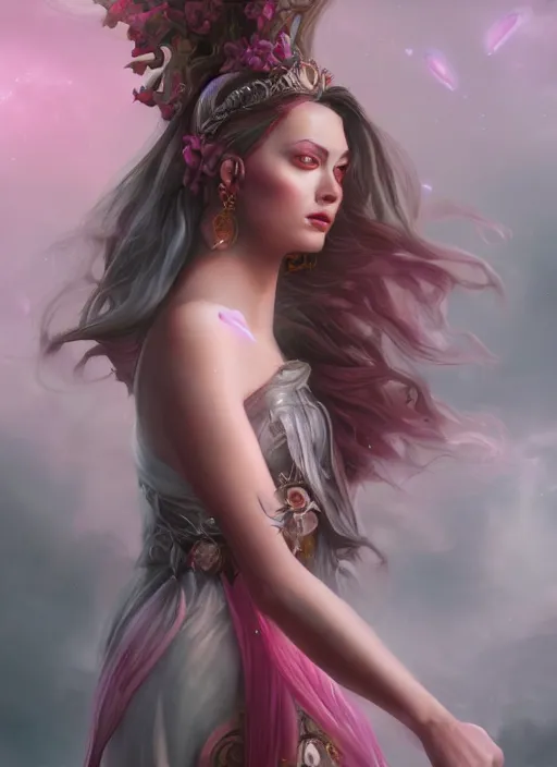 Image similar to persephone, concept art, elegent, magic background, character portrait, dynamic lighting, octane render aesethic, matte painting, gaudy colors, detailed