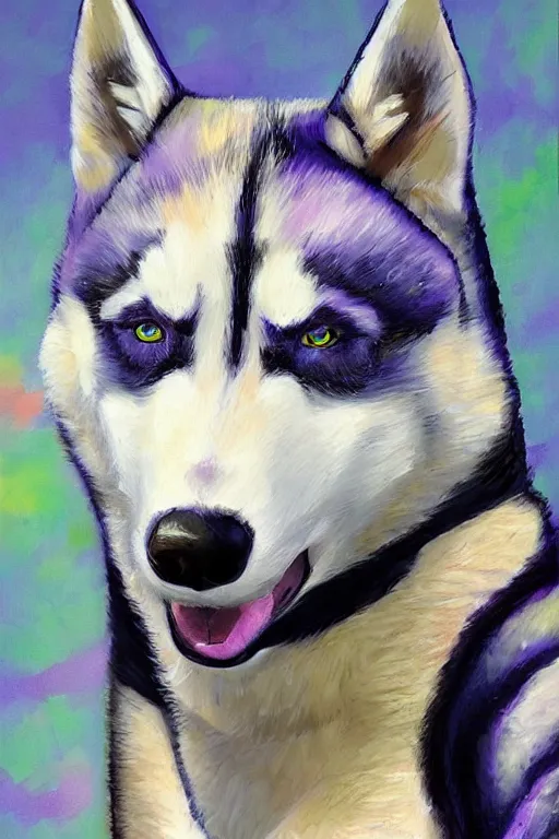 Image similar to a portrait painting of a husky in cowboy costume in the style of anime, a fistful of dollars, character design, humanoid, personify, anthropomorphic