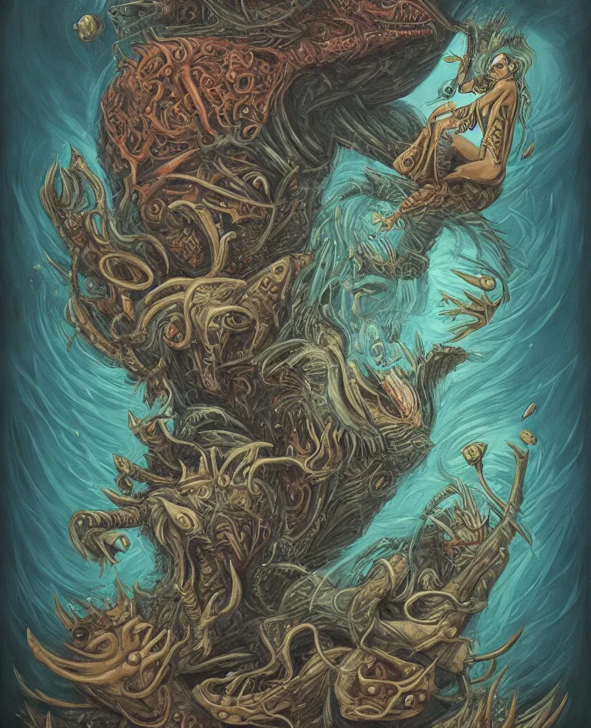 Prompt: mysterious bestiary of wild emotion monsters repressed in the deep sea of unconscious of the psyche lead by baba yaga, about to rip through and escape in a extraordinary revolution, painted by ronny khalil