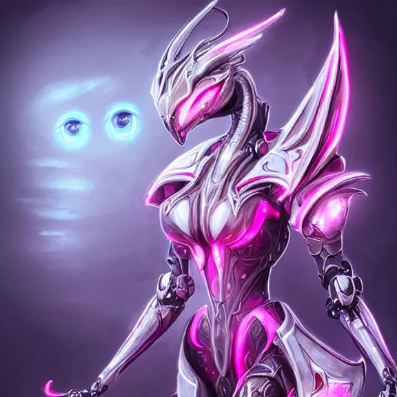 Image similar to highly detailed exquisite fanart, of a beautiful female warframe, but as an anthropomorphic elegant robot female dragon, shiny and smooth off-white plated armor engraved, robot dragon head with glowing eyes, Fuchsia skin beneath the armor, sharp claws, long sleek tail behind, robot dragon hands and feet, standing elegant pose, close-up shot, full body shot, epic cinematic shot, professional digital art, high end digital art, singular, realistic, DeviantArt, artstation, Furaffinity, 8k HD render, epic lighting, depth of field