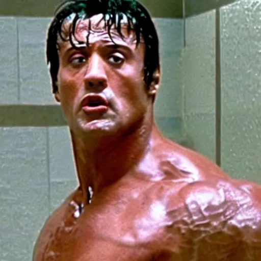 Image similar to movie still from the movie The Rock (1996), rendering of sylvester stallone in the shower room scene, cinematic,