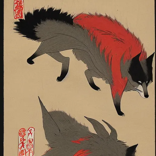 Prompt: the evil fox and the evil bull watching in the dark with red eyes, ukiyo-e