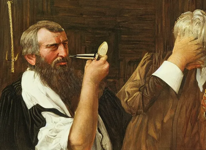 Prompt: judge wearing a wig is making a haircut to another judge with a wig, by ivan shishkin