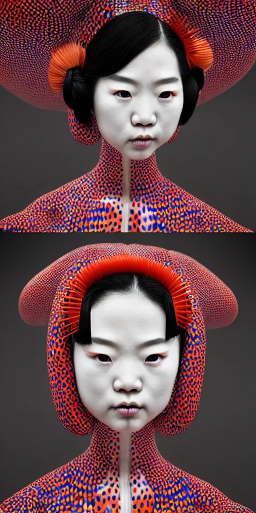 Image similar to hyperrealistic detailed image of a geisha in a art installation room, hd smooth interior by yayoi kusama, part by kei mieno, part by ross tran, dark art by james jean, ultra realistic, highly detailed, life like face, detailed body, 8 k, 3 d render by roger magrini, masterpiece