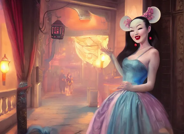 Image similar to beautiful bald chinese woman with pinup girl makeup at disneyland wearing mouse ears, night, epic cinematic hyperrealism masterpiece, realistic poster with shaded lighting by craig mallismo, artgerm, jeremy lipkin and michael garmash, unreal engine, radiant light, detailed and complex environment, octane photoreal 3 d render, art station trends