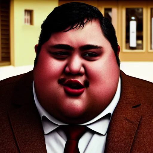 Image similar to Close up portrait of a chubby man wearing a brown suit and necktie with a bakery in the background. Photorealistic. Award winning. Dramatic lighting. Intricate details. UHD 8K. He looks about to cry.