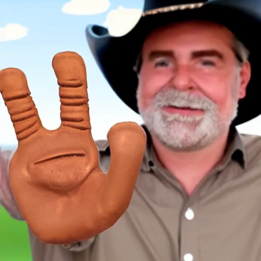 Prompt: a man with 6 fingers on one hand polydactyly and wearing a cowboy hat in the style of a children's cartoon