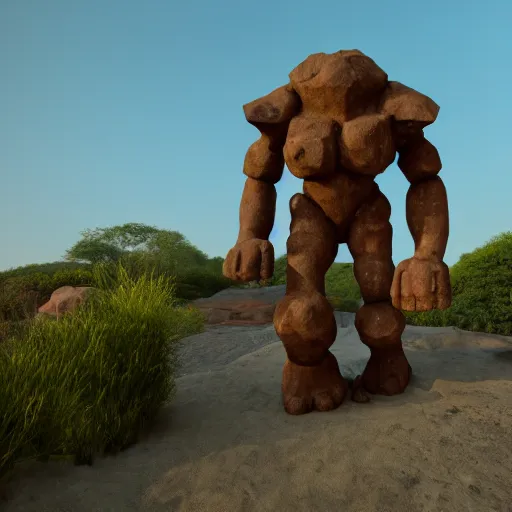 Image similar to a brown rock golem, unreal engine, path tracing