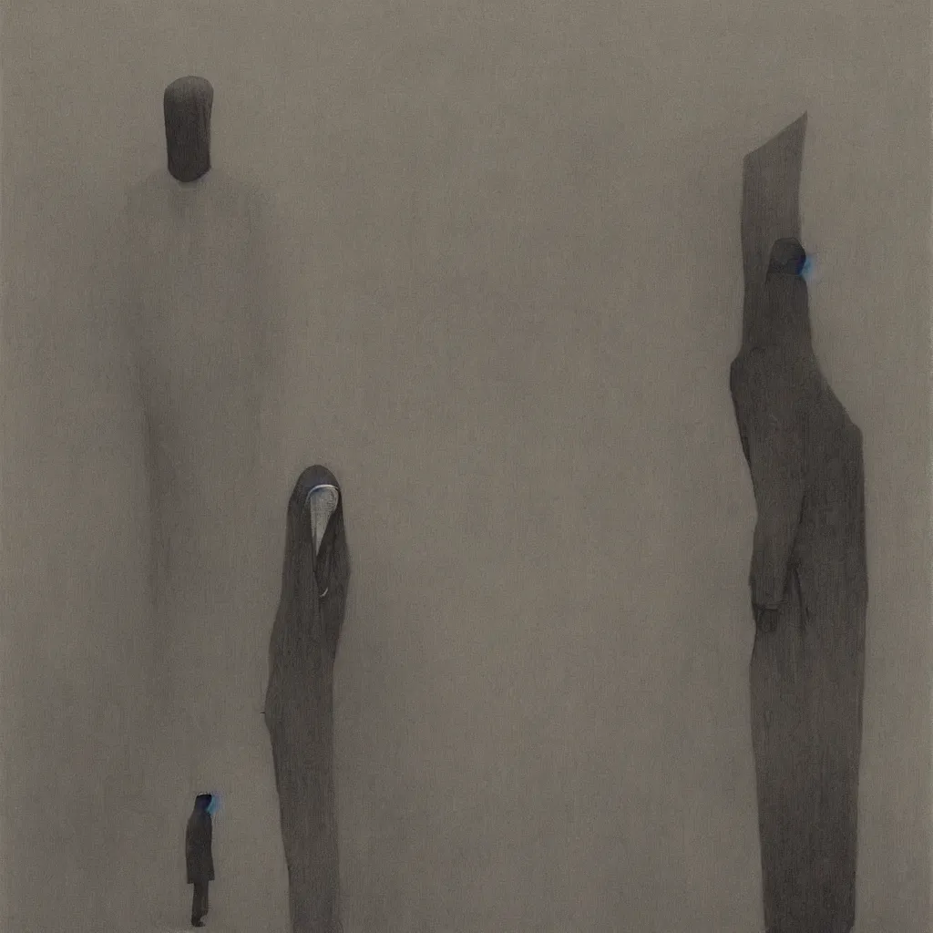 Image similar to Man in a business suit with a bag covering his head, by Zdzisław Beksiński