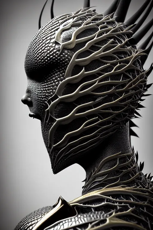 Image similar to bw close - up profile face, black background, beautiful young porcelain vegetal - dragon - cyborg - female, 1 5 0 mm, beautiful natural soft rim light, silver gold details, magnolia leaves and stems, roots, mandelbot fractal, elegant, ultra detailed, white metallic armour, octane render, h. r. giger style