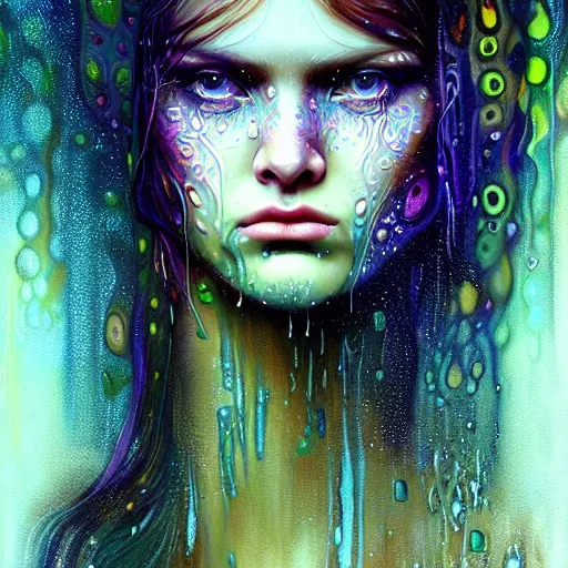 Prompt: face of girl in psychedelic LSD rain with wet hair and face, fantasy, intricate, elegant, dramatic lighting, intense emotion, highly detailed, lifelike, photorealistic, digital painting, artstation, concept art, smooth, sharp focus, illustration, art by John Collier and Albert Aublet and Krenz Cushart and Artem Demura and Alphonse Mucha