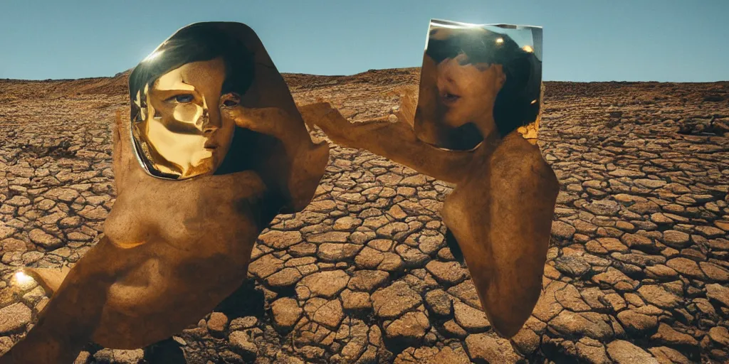 Prompt: levitating woman with full - face golden bright reflective mask in a dry rocky desert landscape, visible sky and sunny atmosphere, floating rocks, flying rocks and fata morgana and giant mirrors by alejandro jodorowsky, anamorphic lens, kodakchrome, practical effects, masterpiece, 8 k