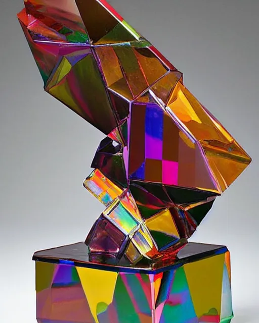 Image similar to a multicolored object sitting on top of a table, an abstract sculpture by john chamberlain, trending on pinterest, crystal cubism, angular, made of crystals, iridescent