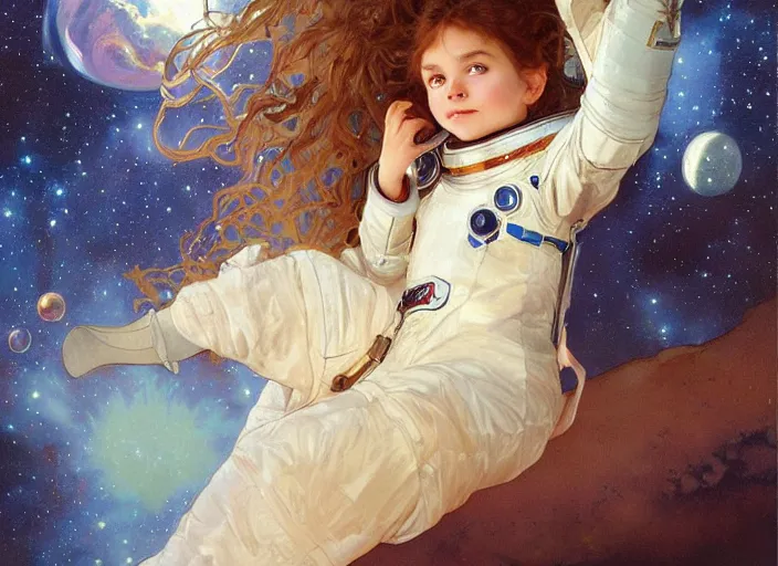 Image similar to a cute little girl with curly light brown hair and blue eyes as an astronait wearing a space suit in space, beautiful fantasy painting by artgerm and greg rutkowski and alphonse mucha