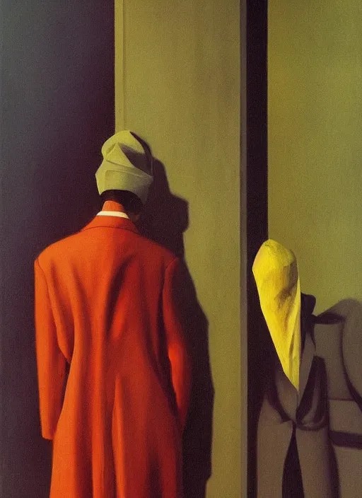 Prompt: man with a paper bag over the head and a sward shopping Edward Hopper and James Gilleard, Zdzislaw Beksinski, Steven Outram highly detailed