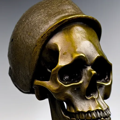 Image similar to skull with a samurai hat old bronze statue, intricate detail, full shot, museum lighting