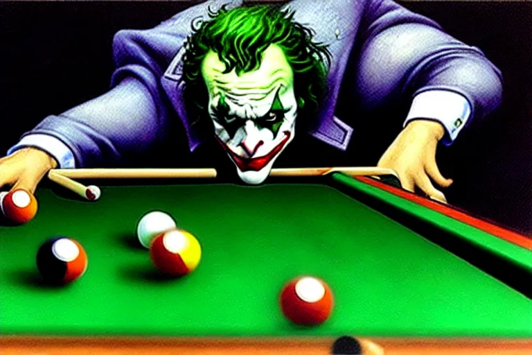Prompt: a portrait of the joker playing pool by alan lee