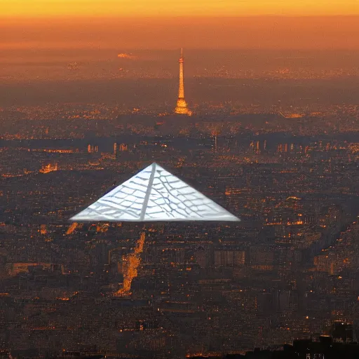 Image similar to pyramid shaped alien spaceship with flying rocket base over Paris France, photorealistic, 8k, detailed