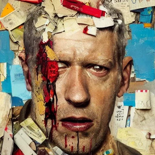 Image similar to hyperrealistic, photorealistic, mixed media oil painting of brother theodore, magazine scraps, plaster, blood, oil, mustard, cigarettes, splatter, trending on artstation, award - winning painting, greg rutkowski, basquiat, ralph steadman, terry gilliam