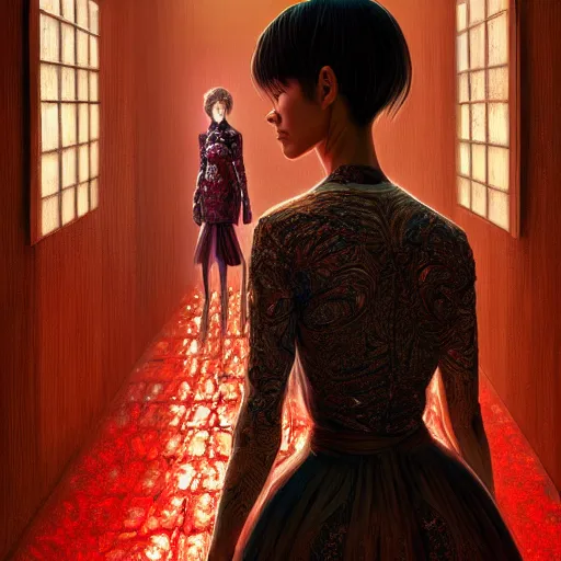 Image similar to beautiful girl in intricate clothing walking through a hallway made of blood diamonds, reflections, very high intricate details, horror, painting, digital anime art, medium shot, mid - shot, wlop, ilya kuvshinov, artgerm, krenz cushart, greg rutkowski, sana takeda