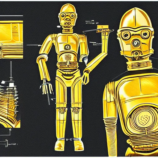 Image similar to technical blueprint of C3PO, pencil style