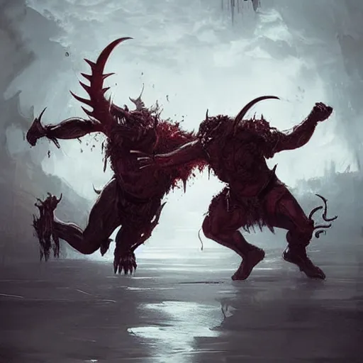 Image similar to Two demons in hell fighting each other, highly detailed art, trending on artstation, 4k concept art, digital art, by Greg Rutkowski