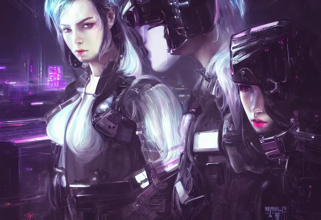 Image similar to portrait holy dark grey hair of futuristic police girl, black armored uniform, at cyberpunk reflected tokyo night, ssci - fi and fantasy, neon light, intricate and very very beautiful, highly detailed, digital painting, artstation, concept art, smooth and sharp focus, illustration, art by tian zi and wlop and alphonse mucha