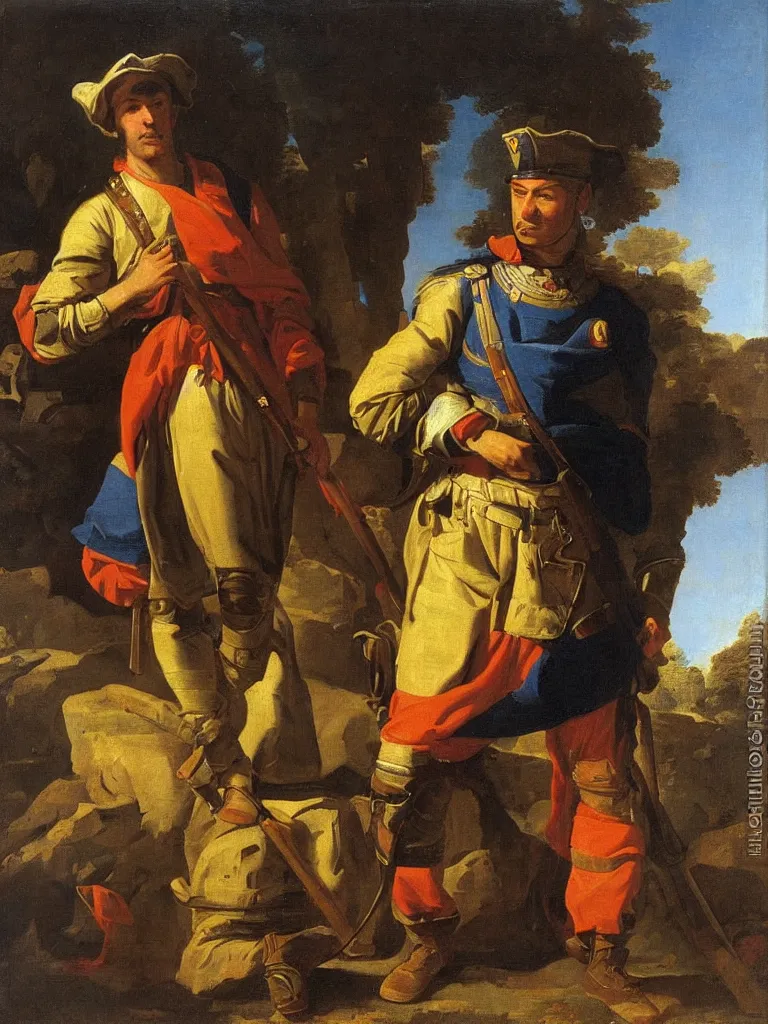 Image similar to portrait of a soldier with the queen, by nicolas poussin